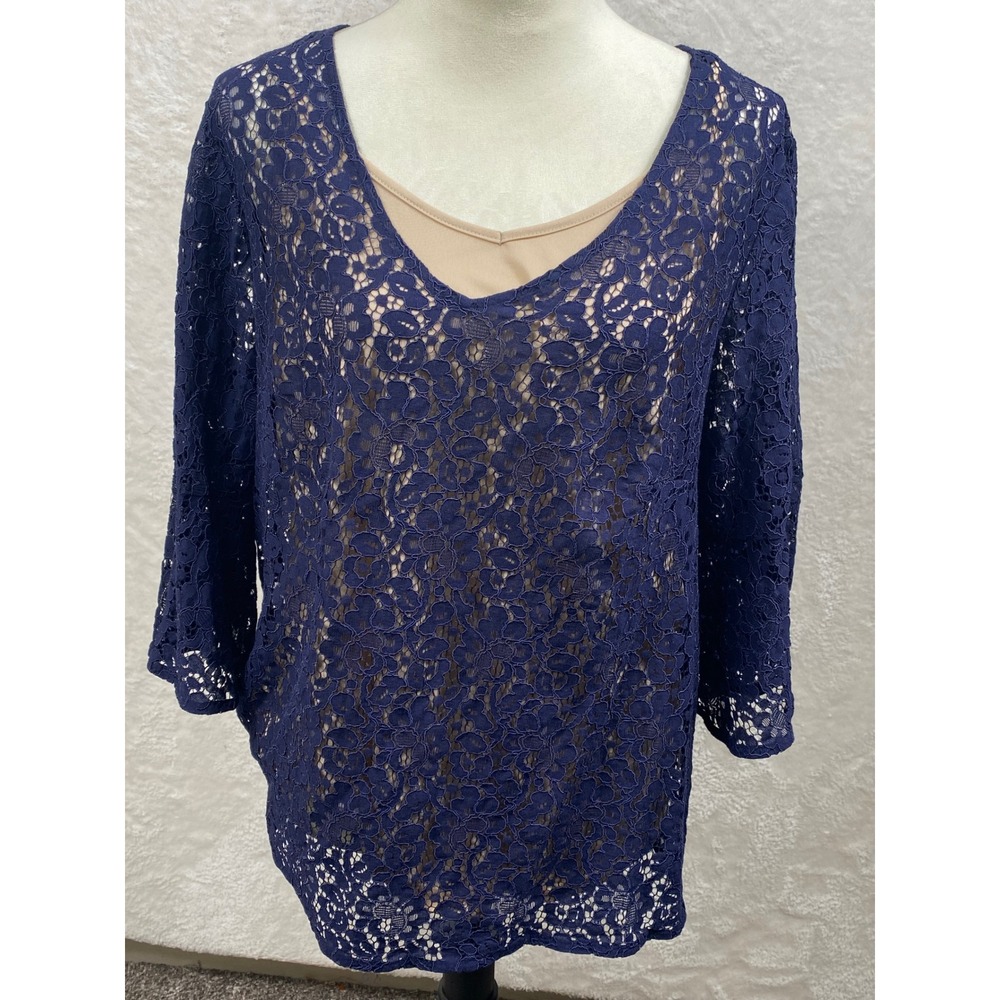 Rose + Olive Women's 1X Lace Overlay 3/4 Bell Sleeve V-Neck Navy Blue Blouse